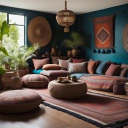 boho-chic living room with floor cushions and bohemian textiles. 