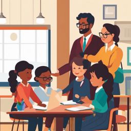 Clipart showcasing a teacher engaged with a small group of students.  color vector art,clipart,minimal