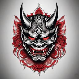 Oni Hannya Mask Tattoo - Blends the Oni and Hannya masks, creating a unique and powerful tattoo design.  simple color tattoo,white background,minimal