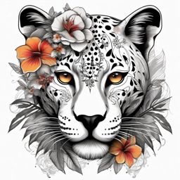 Panther adorned with floral details ink. Jungle blossoms in art.  color tattoo, white background
