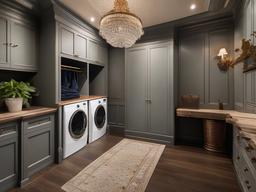 Victorian laundry room embodies classic elegance with intricate cabinetry, vintage fixtures, and luxurious accents in a functional setting.  