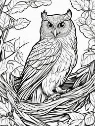 Owl Coloring Pages - Owl in a nest  simple coloring pages