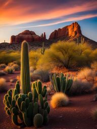 arizona desert, immersing in the rugged beauty of the sonoran desert with cacti and red rocks. 