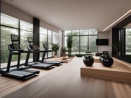 In the gym room, Japandi interior design includes simple equipment, natural materials, and a calming aesthetic that create a motivational environment for workouts.  