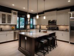 Contemporary kitchen is designed with smooth marble countertops, stainless steel appliances, and elegant pendant lighting for a sleek, modern feel.  