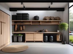 The garage features Japanese Zen interior design with organized storage solutions, natural materials, and a minimalist aesthetic that make the space both functional and visually appealing.  