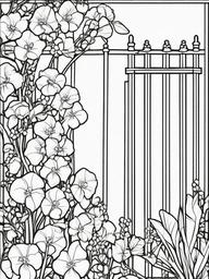 Sweet Pea coloring page sheet - Sweet pea flowers climbing a garden trellis in full bloom.  black outline printable coloring page