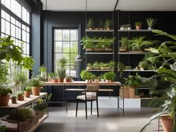 The greenhouse showcases Bauhaus interior design with a focus on natural light, simple shelving, and organized plant displays that create an inspiring environment for gardening and plant care.  