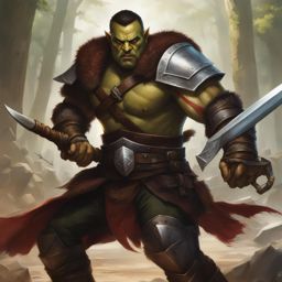 thorne thornblade, a half-orc fighter, is dual-wielding blades to cut through a horde of orcs. 