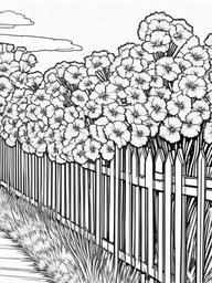 Dianthus coloring page sheet - Dianthus flowers blooming in a neat row along a garden fence.  black outline printable coloring page