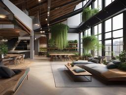 Biophilic interior design in the loft incorporates natural materials, large windows, and plenty of greenery, offering a stylish and airy open-concept living space.  