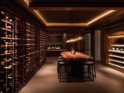 Biophilic interior design in the wine cellar showcases natural wood racks, organic textures, and ambient lighting, creating a cozy atmosphere for enjoying wine with friends.  