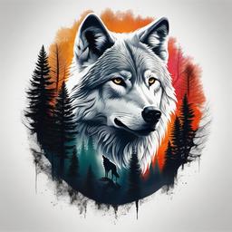 wolf in forest tattoo  simple color tattoo,white background