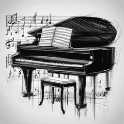 drawing of a piano with sheet music  minimal rough sketch scribbles,doodles,black and white