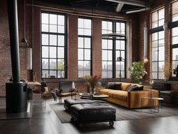 Industrial loft with exposed brick walls, metal accents, and large windows gives the space a raw yet stylish urban vibe.  