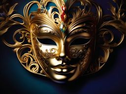 Gilded mask, its intricate design concealing the identity of a masquerade reveler, adds an air of intrigue to a night of elegance and hidden desires. hyperrealistic, intricately detailed, color depth,splash art, concept art, mid shot, sharp focus, dramatic, 2/3 face angle, side light, colorful background