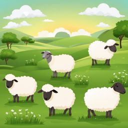 Sheep Clipart, Fluffy sheep grazing in green pastures. 