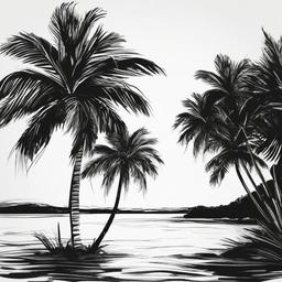 drawing of a palm tree by the water  minimal rough sketch scribbles,doodles,black and white