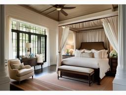 The master bedroom embraces American Colonial interior design with a large canopy bed, traditional textiles, and soft color palettes that create a peaceful haven for restful nights.  