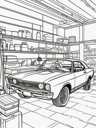 Car in a Garage Coloring Pages - Vehicle Being Repaired at Home  minimal black outline printable sheet, coloring page