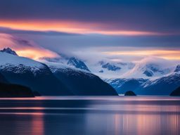 alaska's inside passage - illustrate a tranquil night in alaska's inside passage, where fjords, glaciers, and marine life are bathed in the soft glow of the northern lights. 