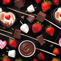 Valentines Day background - Chocolate fondue with strawberries and marshmallows on skewers  