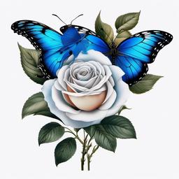 blue rose with butterfly tattoo  simple color tattoo, minimal, white background