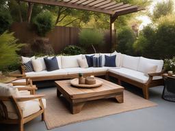 The outdoor patio embraces rustic interior design with wooden furniture, cozy throws, and natural landscaping that create a charming space for relaxation and gatherings.  