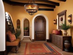 Spanish Revival entryway incorporates warm colors, rustic furniture, and decorative accents for a vibrant and inviting atmosphere at the entrance.  