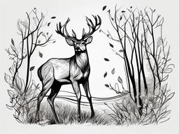 drawing of a deer in autumn leaves  minimal rough sketch scribbles,doodles,black and white