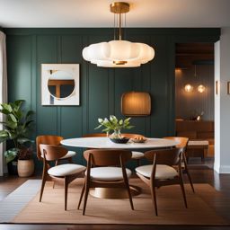 mid-century modern dining room with iconic furniture and retro lighting. 