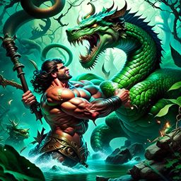 hercules vs the hydra - a legendary hero battles the multi-headed serpent in a murky swamp, swinging his mighty club. 