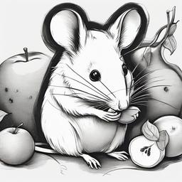 drawing of a mouse with a piece of fruit  minimal rough sketch scribbles,doodles,black and white