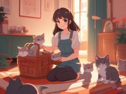 Adorable anime girl with bright eyes and a basket of playful kittens, playing with them in a cozy room, as a matching pfp for friends. wide shot, cool anime color style