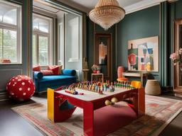 The playroom embodies Russian Revival interior design with elegant furnishings, cultural accents, and a sophisticated atmosphere, providing a chic space for children's activities.  