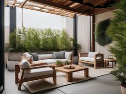 The outdoor patio embraces Japandi interior design with natural wooden furniture, soft textiles, and simple greenery that create a tranquil space for relaxation and reflection.  