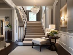 The foyer features traditional interior design with elegant furniture, classic lighting, and warm accents that invite guests into a welcoming and sophisticated home.  