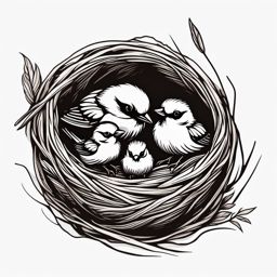 Sparrow Tattoo - Sparrow feeding its chicks in a cozy nest  few color tattoo design, simple line art, design clean white background