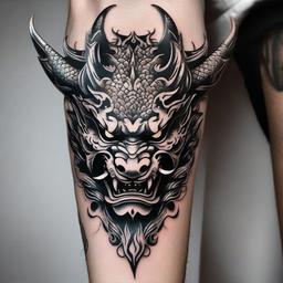 Oni Mask and Dragon Tattoo - Tattoo combining the fearsome Oni mask with a dragon motif.  simple color tattoo,white background,minimal