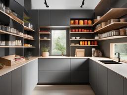 Bauhaus pantry includes functional, geometric shelving, minimalist storage containers, and a clean layout that emphasizes practicality and organization.  