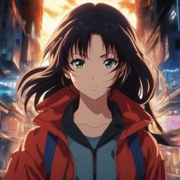 An enigmatic anime girl, blessed with elemental powers, embarks on a journey to restore balance to a world plagued by natural disasters.  1990s anime style