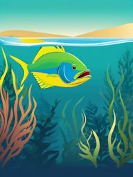 Mahi-Mahi Clipart - Mahi-Mahi swimming near a kelp forest , minimal, 2d