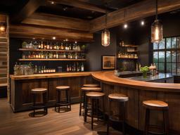 In the bar room, rustic interior design includes wooden bar stools, reclaimed wood counters, and vintage accents that create a friendly environment for socializing and celebration.  