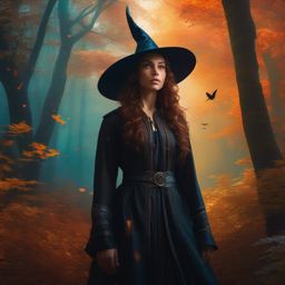 Young witch is tasked with protecting magical forest from human intrusion. hyperrealistic, intricately detailed, color depth,splash art, concept art, mid shot, sharp focus, dramatic, 2/3 face angle, side light, colorful background