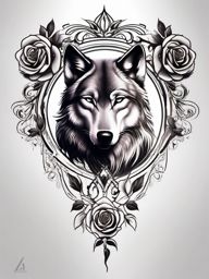 Wolf and Rose Tattoo,captivating fusion of the wolf and a delicate rose, combining strength and beauty. , tattoo design, white clean background