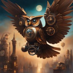 paint a steampunk-inspired night cityscape featuring mechanical owls in flight. 