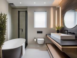 In the guest bathroom, urban modern interior design features sleek fixtures, minimalist decor, and a neutral color palette that creates a welcoming atmosphere for visitors.  