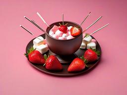 Valentine's Day background - Chocolate fondue with strawberries and marshmallows on skewers  aesthetic background wallpaper