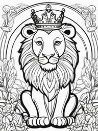 Lion Coloring Pages - Cartoon lion wearing a crown in a whimsical kingdom  simple coloring pages