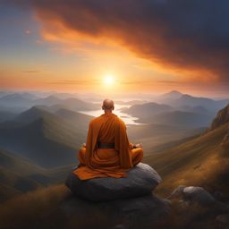 human monk,amaris stormrider,meditating atop a tranquil mountaintop,the sun rises full color photography, high fantasy, photo-realism, hyperrealistic/ultrarealistic/photorealistic
